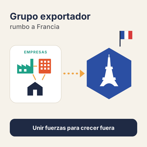 res empreses unides en un grup exportador amb una fletxa cap a França, representada per la torre Eiffel