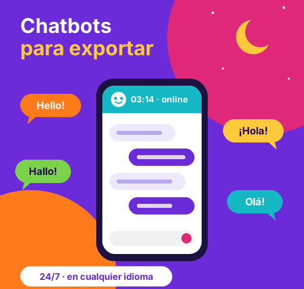 Móvil con un chat activo a las 3:14 de la madrugada y burbujas de saludo en inglés, alemán, español y portugués