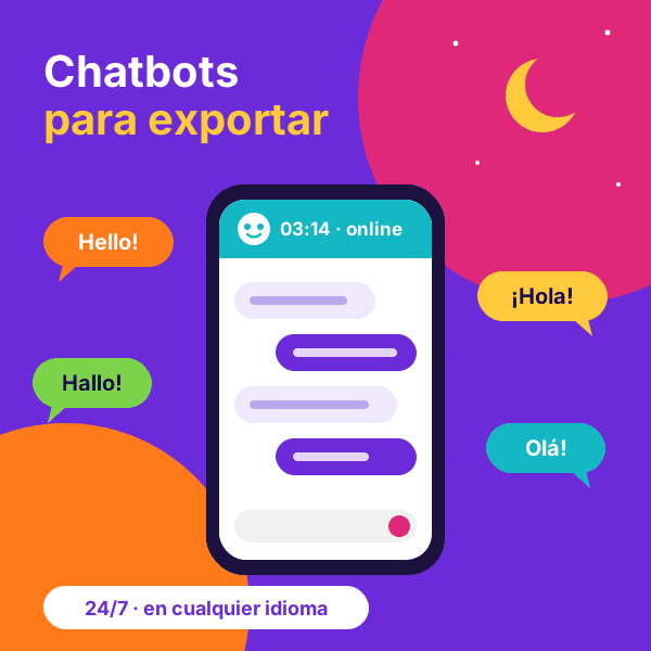 Móvil con un chat activo a las 3:14 de la madrugada y burbujas de saludo en inglés, alemán, español y portugués