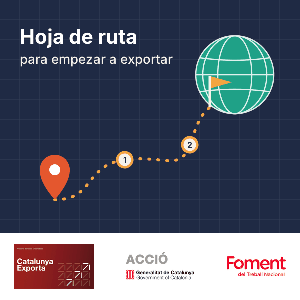 Hoja de Ruta Catalunya Exporta desde un punto de origen hasta un globo terráqueo, con los logos de Catalunya Exporta, ACCIÓ y Foment del Treball