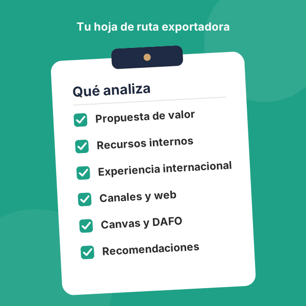 Lista de lo que analiza la hoja de ruta Catalunaya Exporta: propuesta de valor, recursos, canales, DAFO y recomendaciones