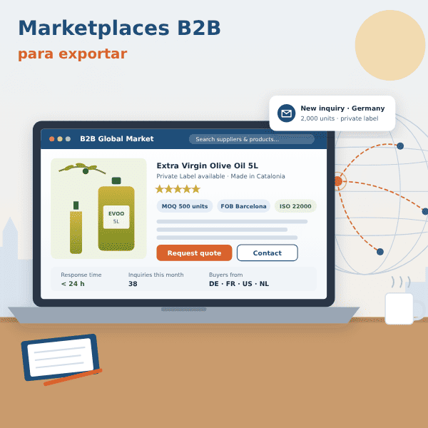 Pyme catalana gestionando su ficha de aceite de oliva en un marketplace B2B internacional con consultas de compradores